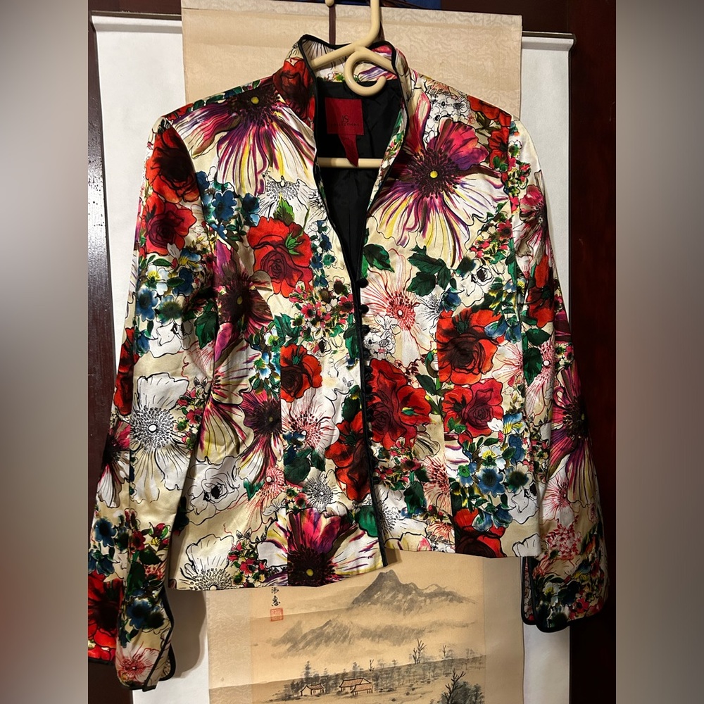 JS Collections Womens Jacket Silk Oriental Asian Floral Mandarin Sz 10